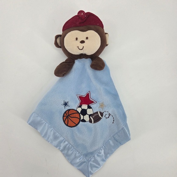 Other - Baby Security Blanket Monkey Blue Sports Theme Satin Trim